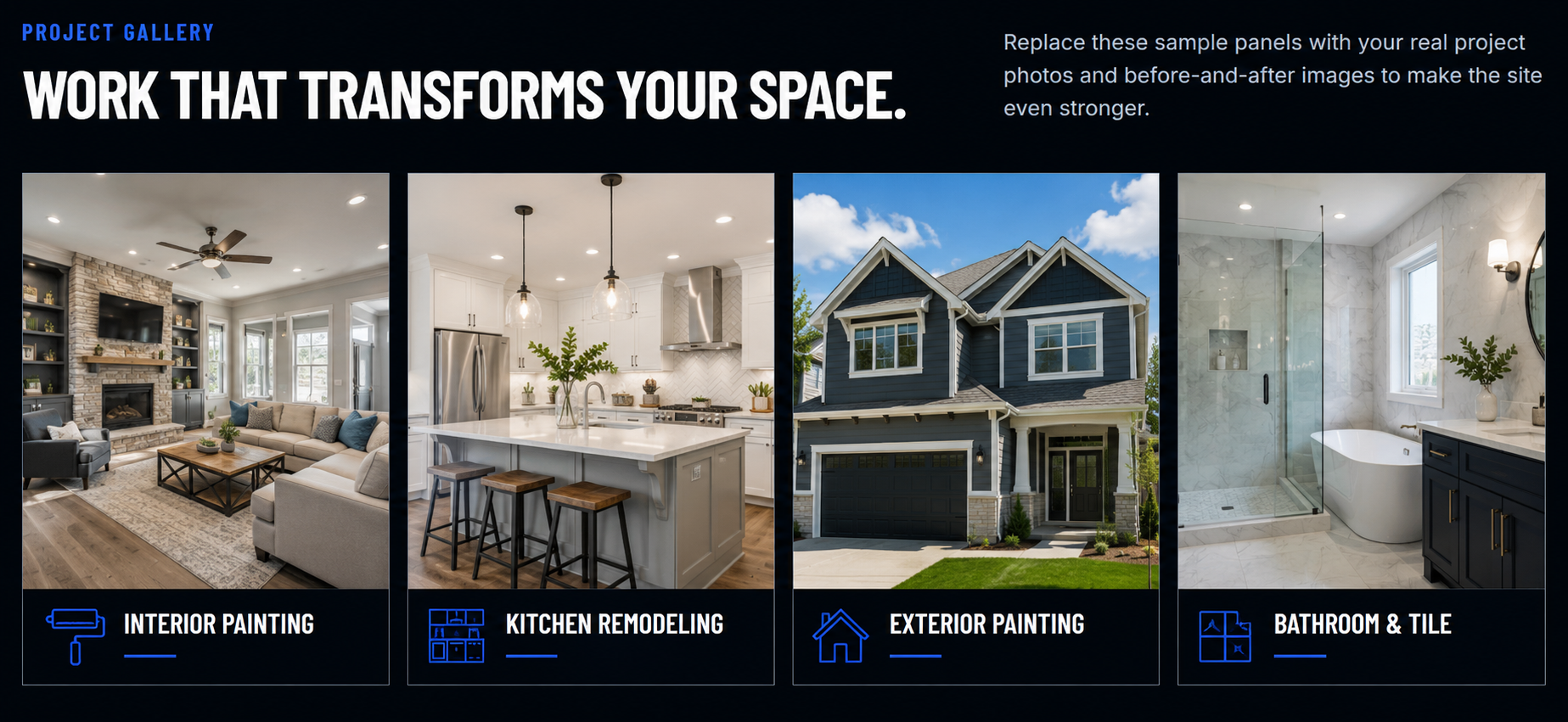 Examples of interior painting, kitchen remodeling, exterior painting, and bathroom tile services in the Houston area